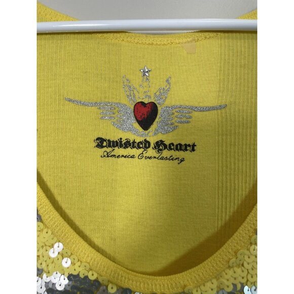 Twisted Heart Sequin Striped Tank Top Yellow Size Medium Y2K Glam Clubwear - Picture 2 of 7